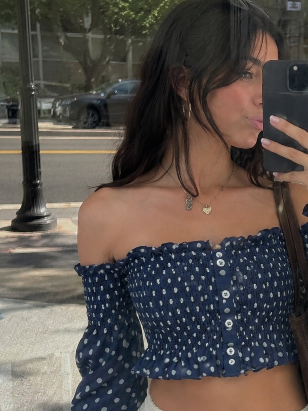 Skylar + Madison Navy Blue Polka Dot Off-Shoulder Smocked Crop Top - Picture 3 of 7